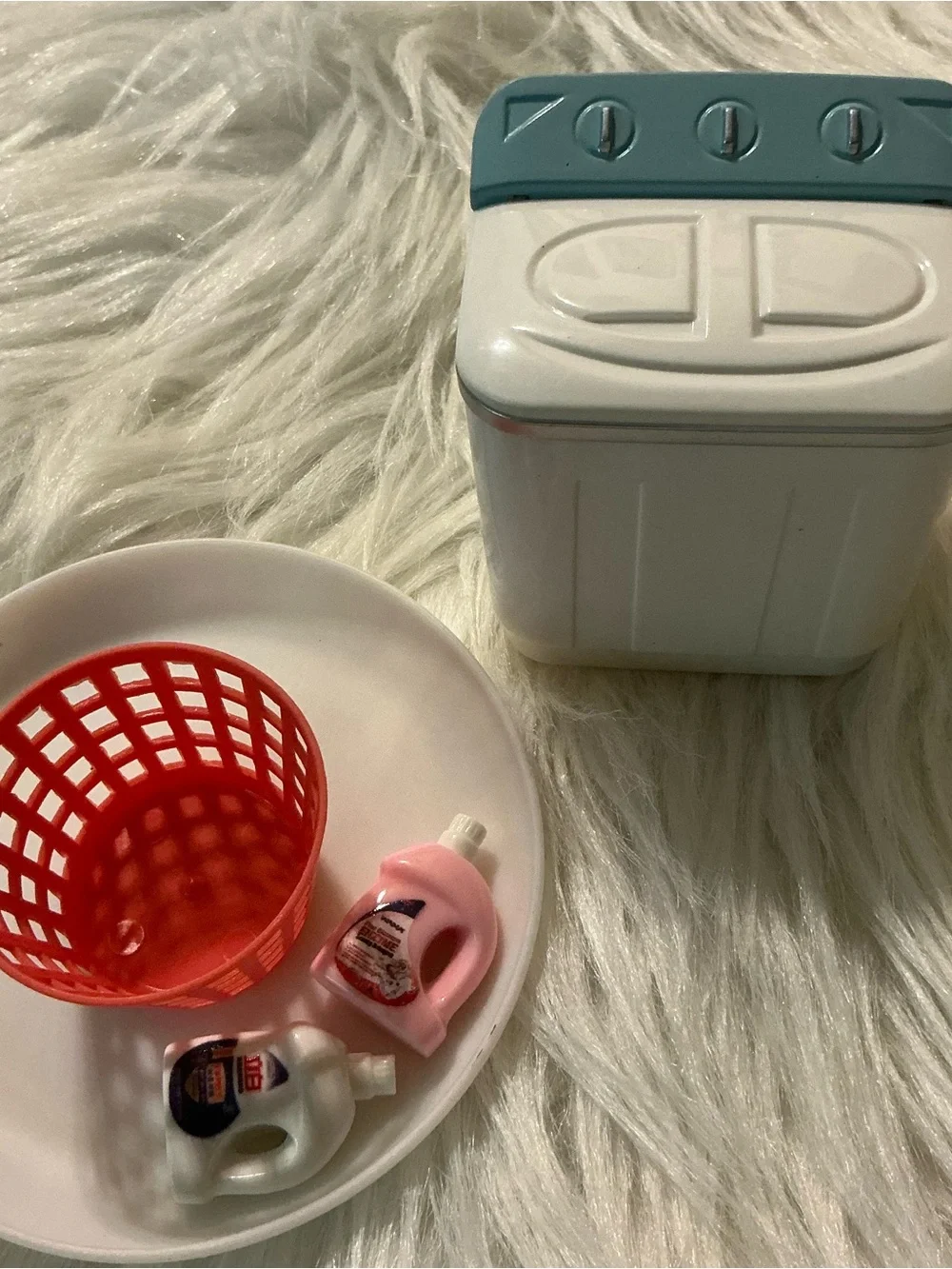 Miniature Toy Washer Set with Red Laundry Basket and Pink/White Detergent